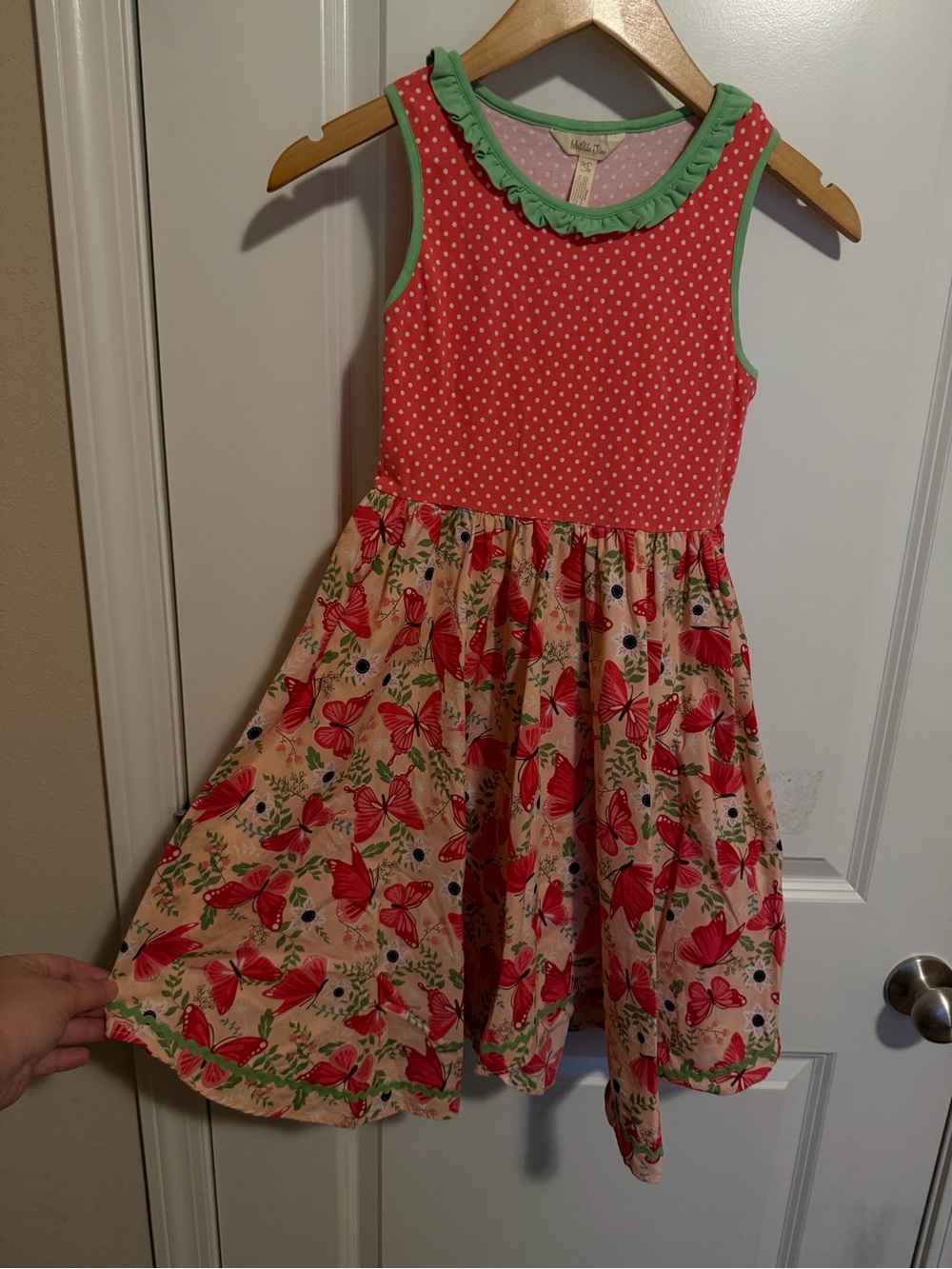 Matilda Jane Coral Polka Dot & Butterfly Dress with Green Trim
